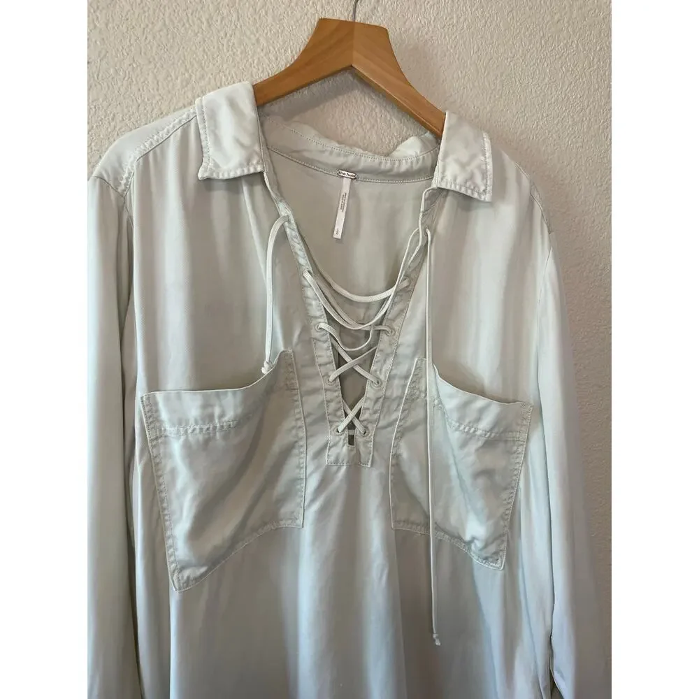 Free People Boho Minimalist Collared Long Sleeve Lace up Neckline Tunic Large